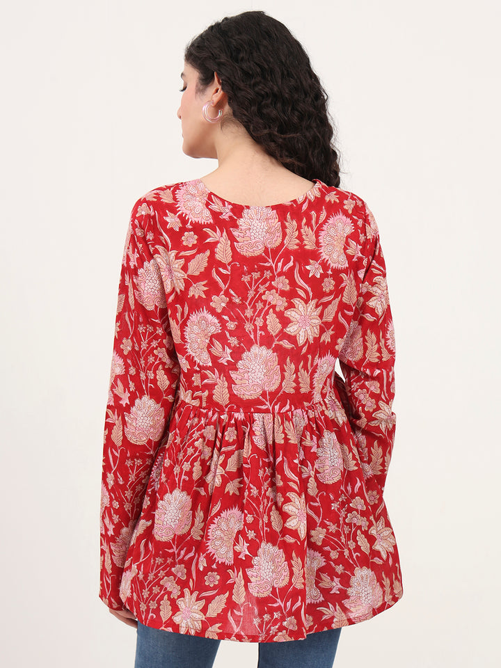 Divena Red Floral Printed V Neck Cotton Top