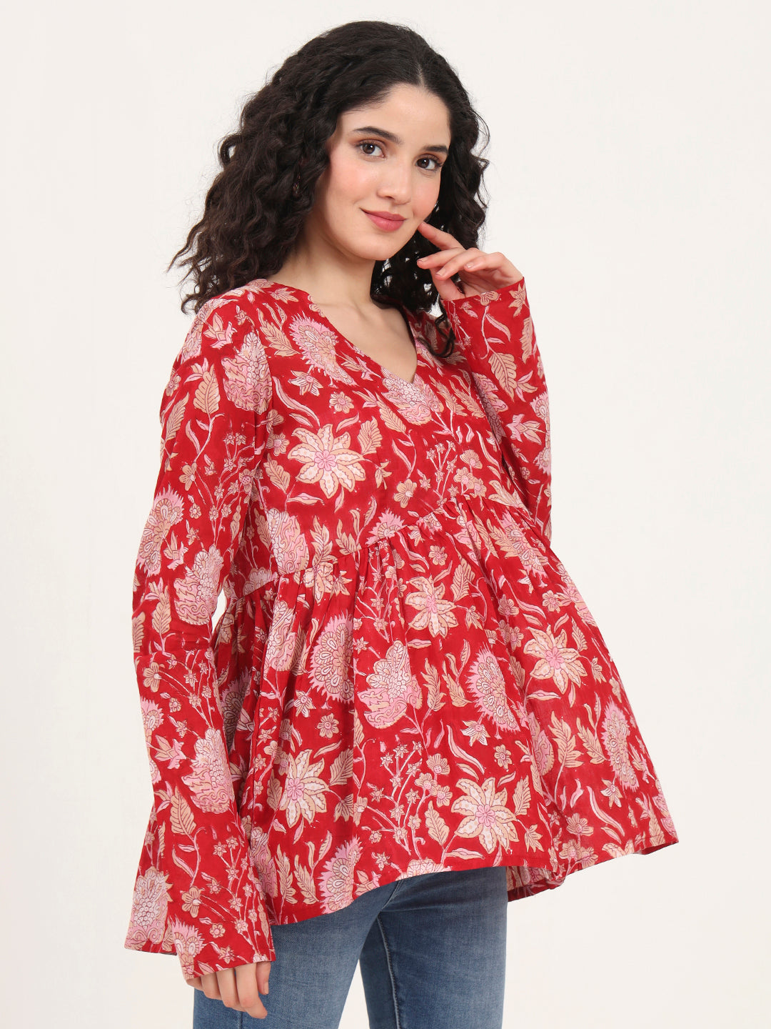 Divena Red Floral Printed V Neck Cotton Top