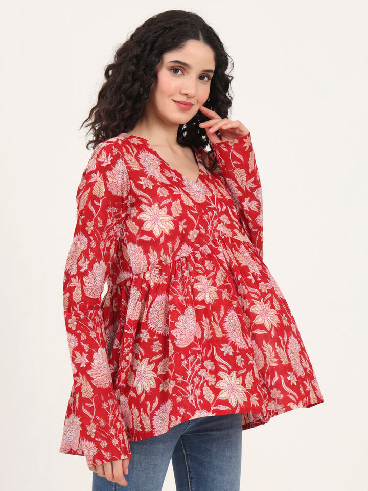 Divena Red Floral Printed V Neck Cotton Top