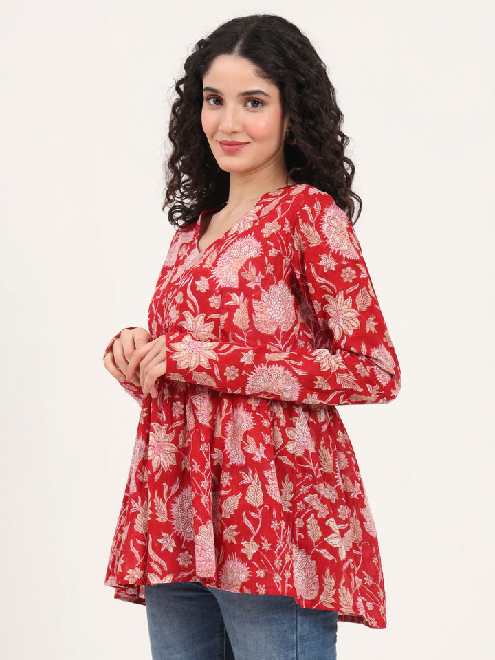 Divena Red Floral Printed V Neck Cotton Top