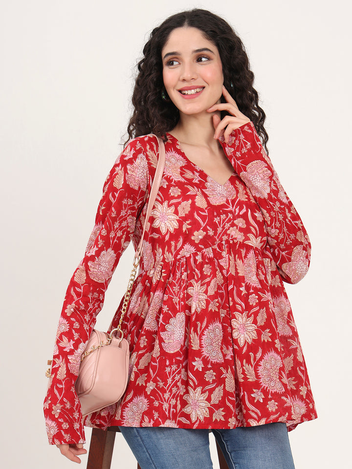 Divena Red Floral Printed V Neck Cotton Top