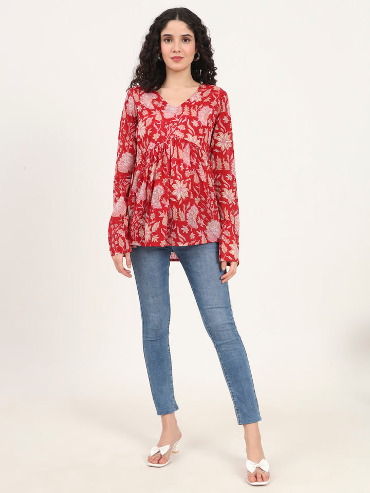 Divena Red Floral Printed V Neck Cotton Top