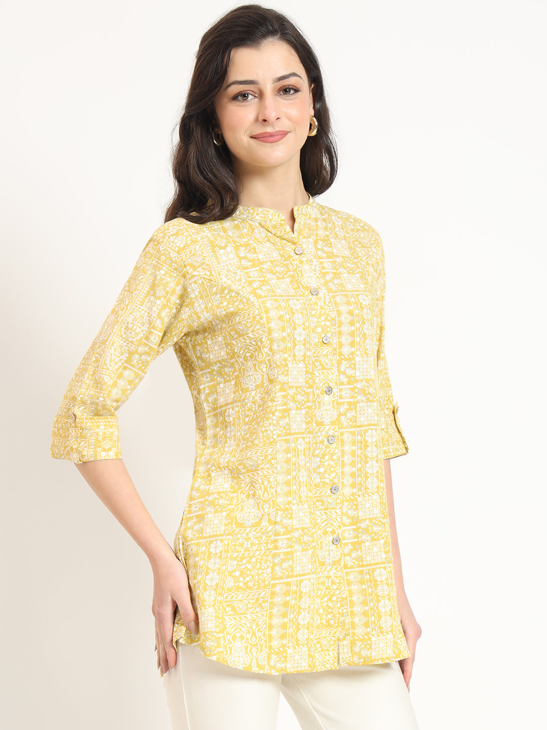 Divena Yellow Cotton Fabric Straight Top