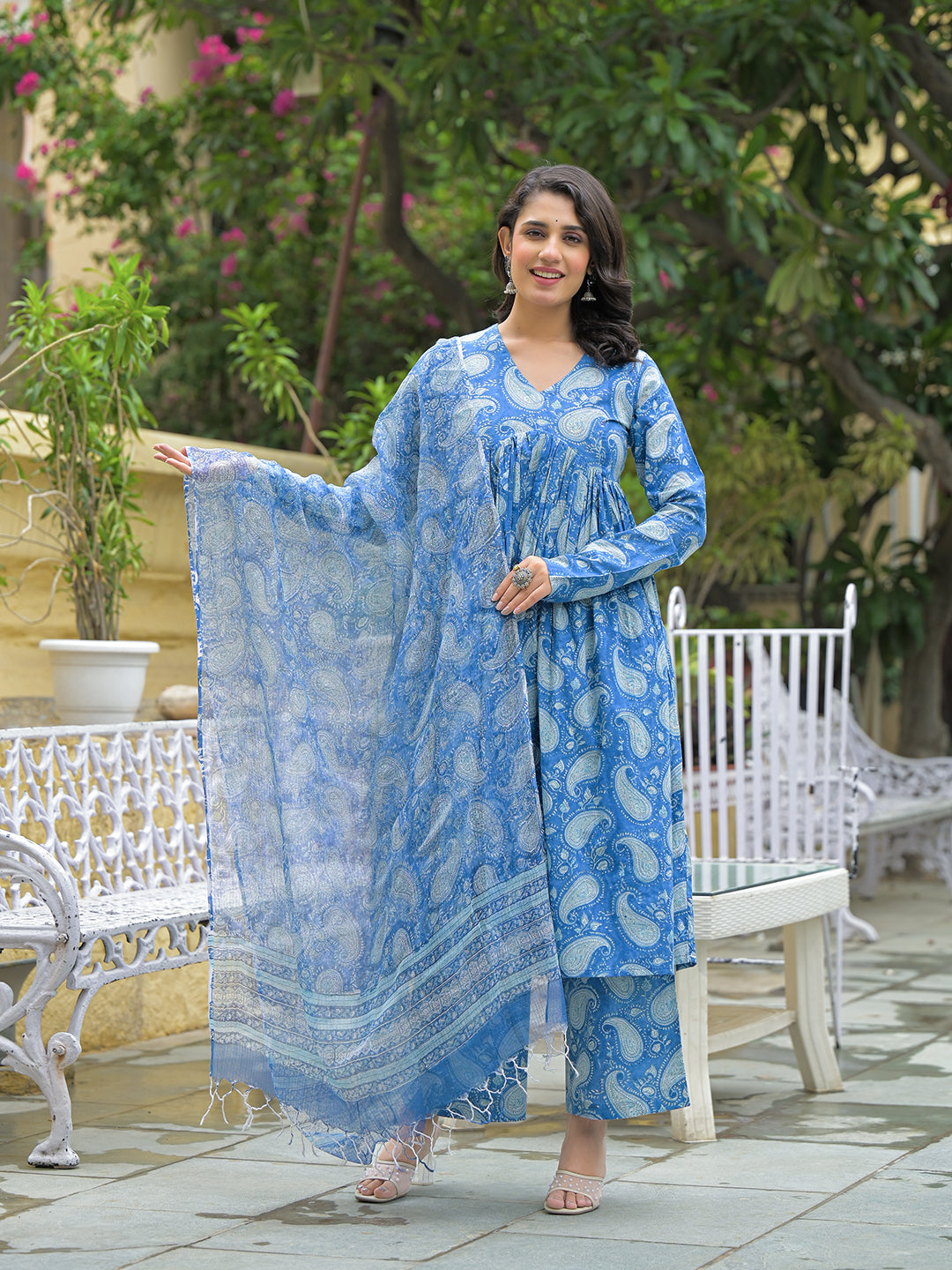 Divena Blue Cotton Paisley Printed Kurta Pant Set With Dupatta