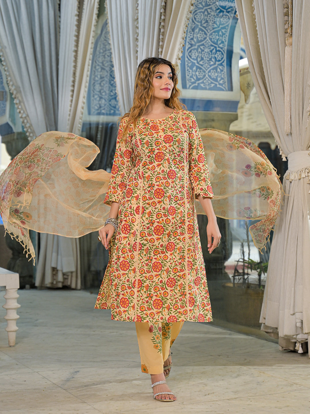 Divena Yellow Hand Block Cotton Straight Kurta Pant With Dupatta
