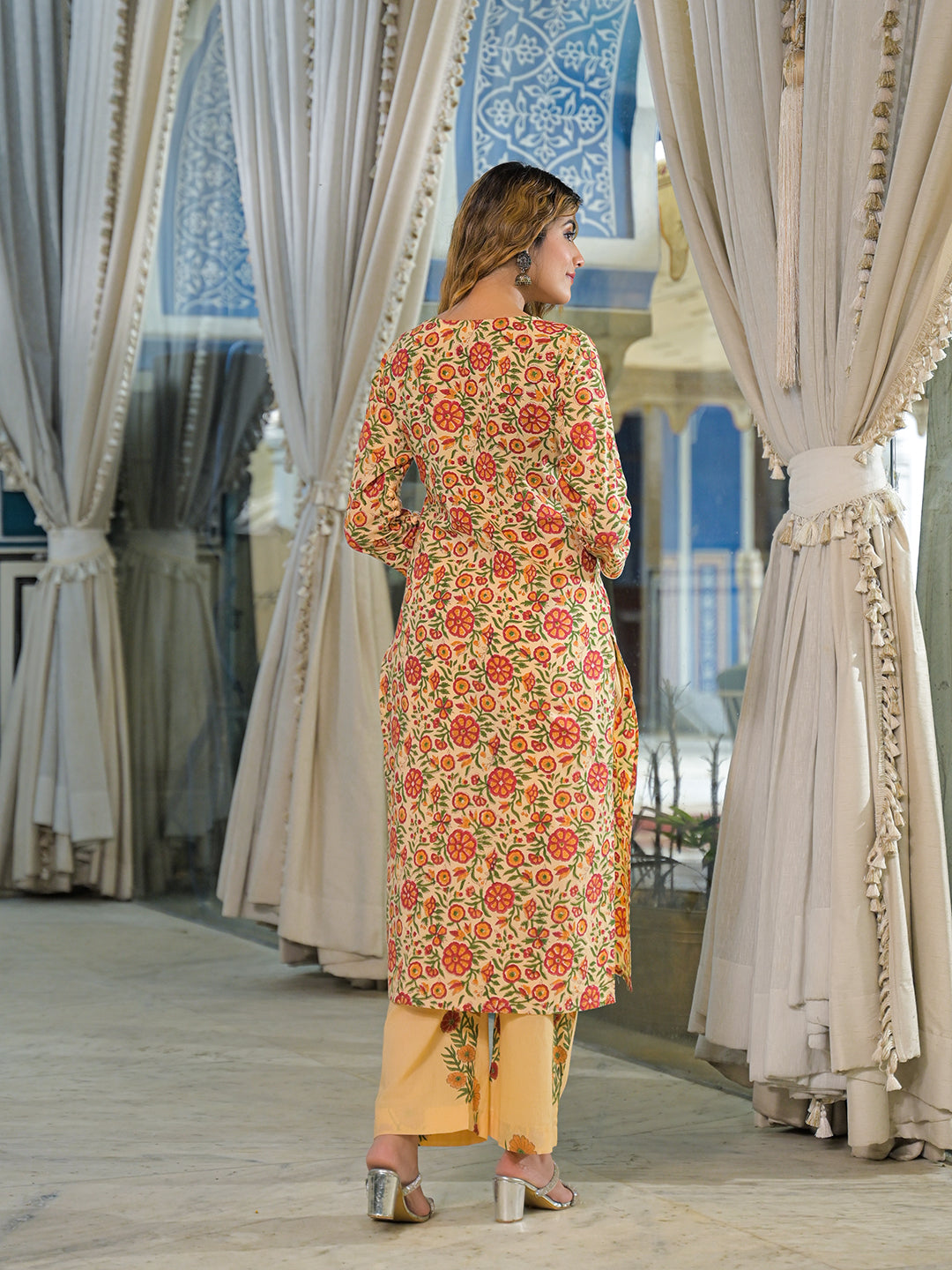 Divena Yellow Hand Block Cotton Straight Kurta Pant With Dupatta
