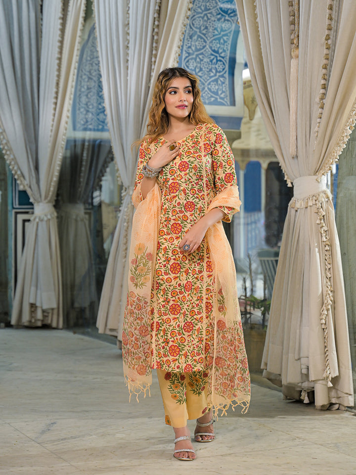 Divena Yellow Hand Block Cotton Straight Kurta Pant With Dupatta