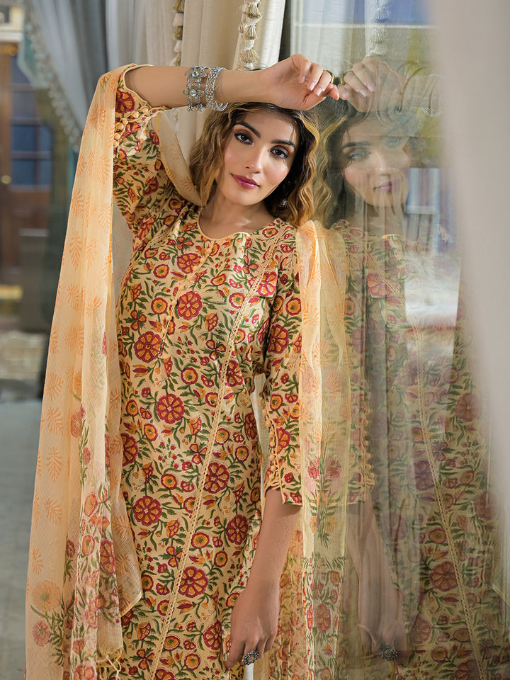 Divena Yellow Hand Block Cotton Straight Kurta Pant With Dupatta