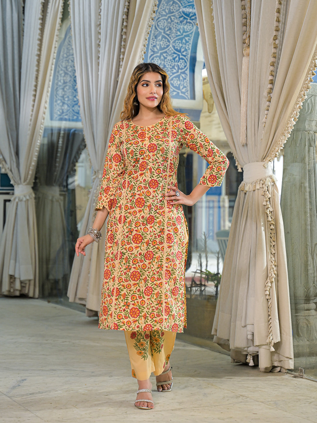 Divena Yellow Hand Block Cotton Straight Kurta Pant With Dupatta
