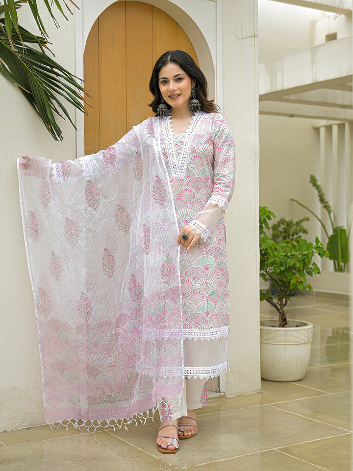 Divena White Cotton Hand Block Straight Kurta Pant Sets With Dupatta