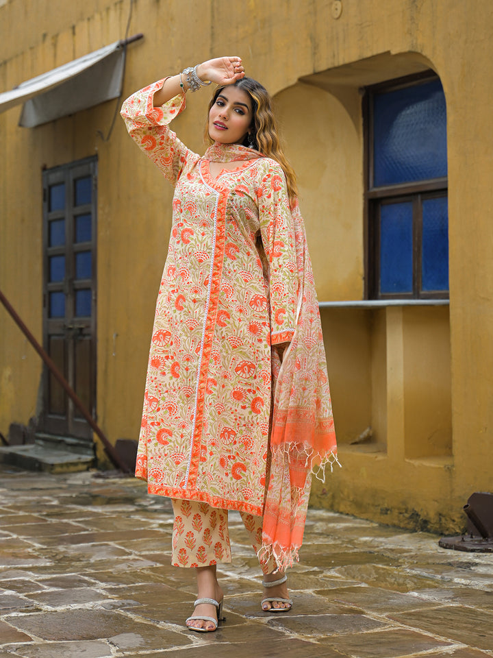 Divena Orange Straight Floral Print Cotton Kurta Sets With Dupatta