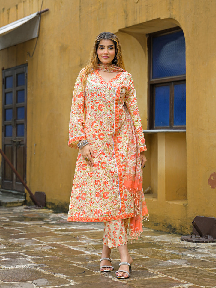 Divena Orange Straight Floral Print Cotton Kurta Sets With Dupatta