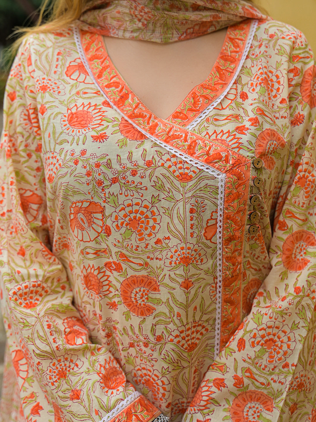 Divena Orange Straight Floral Print Cotton Kurta Sets With Dupatta