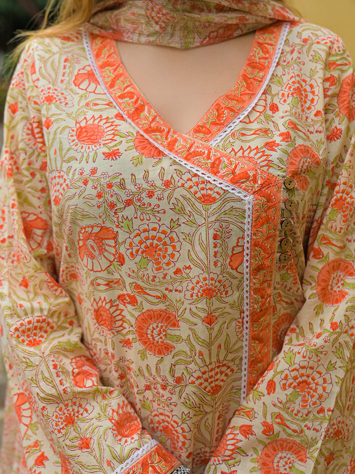 Divena Orange Straight Floral Print Cotton Kurta Sets With Dupatta