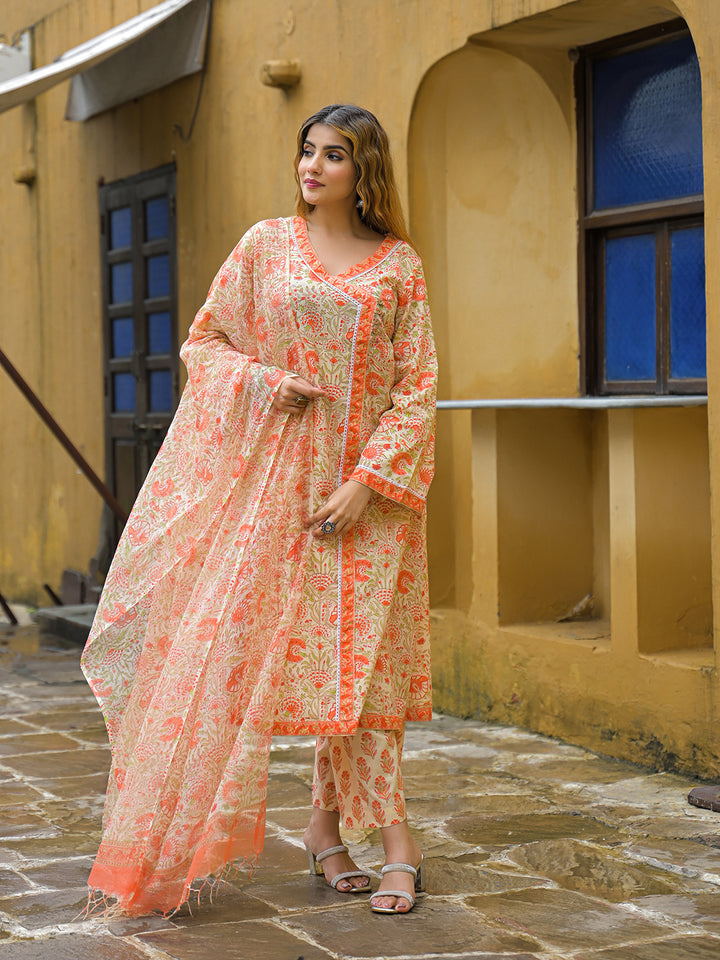Divena Orange Straight Floral Print Cotton Kurta Sets With Dupatta