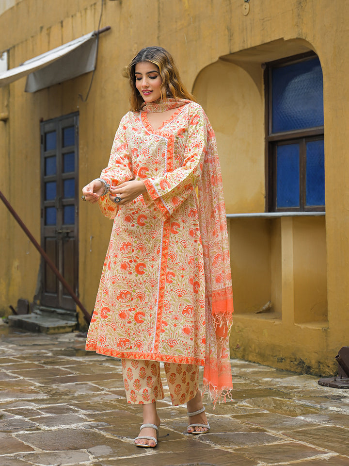Divena Orange Straight Floral Print Cotton Kurta Sets With Dupatta