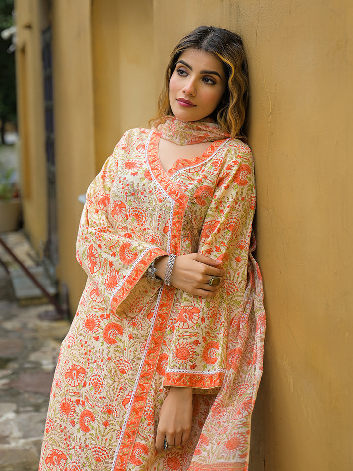 Divena Orange Straight Floral Print Cotton Kurta Sets With Dupatta