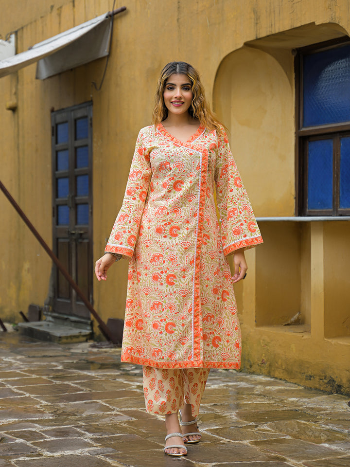 Divena Orange Straight Floral Print Cotton Kurta Sets With Dupatta
