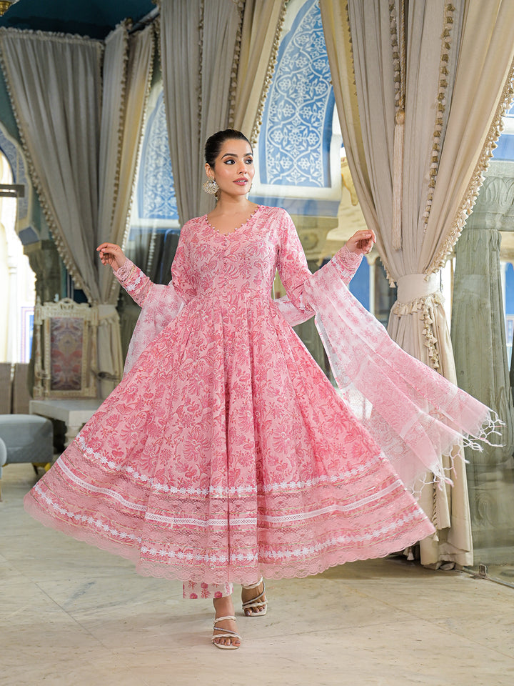 Divena Pink Hand Block Cotton Anarkali Kurta Pant Set With Dupatta