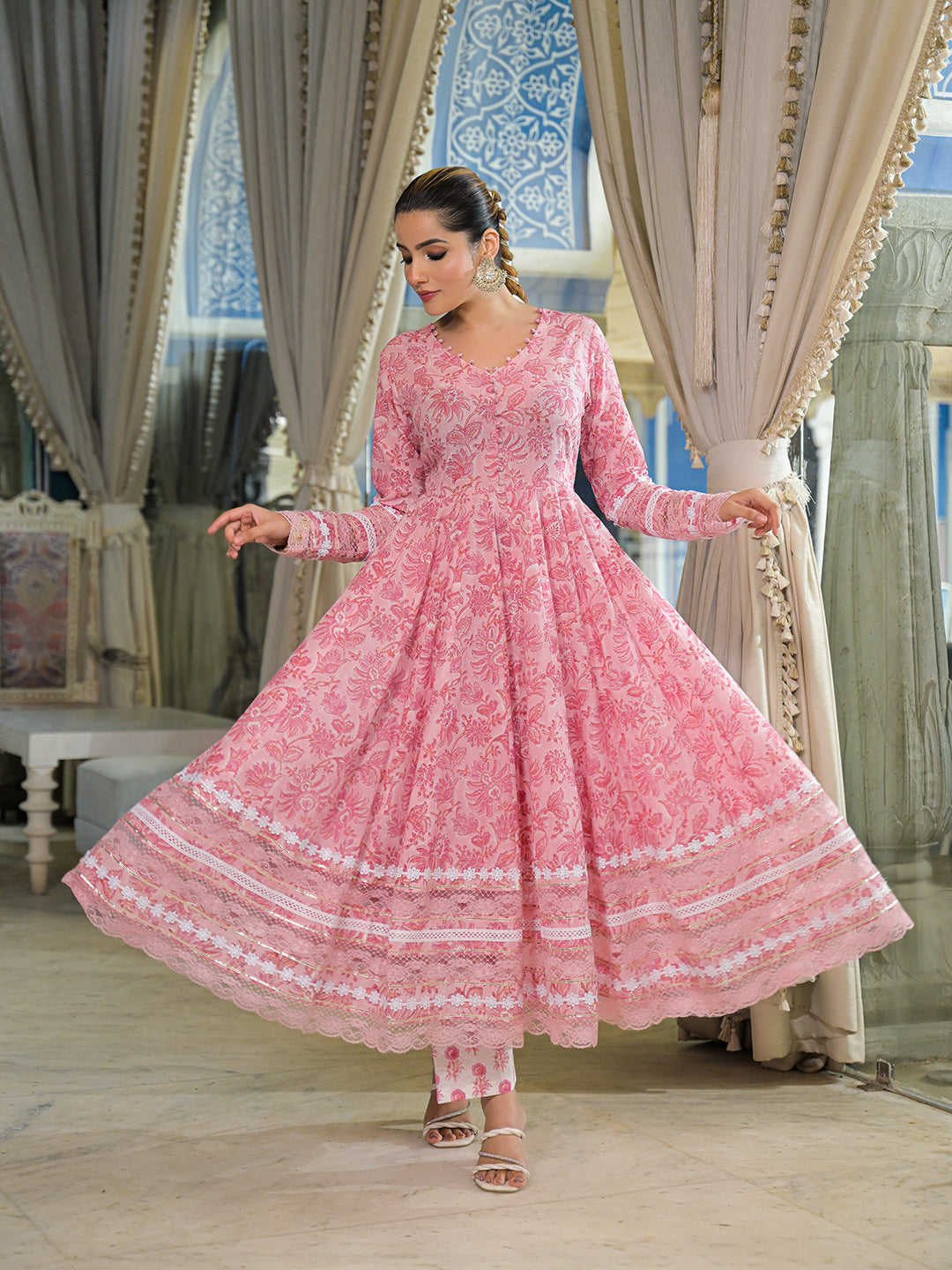 Divena Pink Hand Block Cotton Anarkali Kurta Pant Set With Dupatta