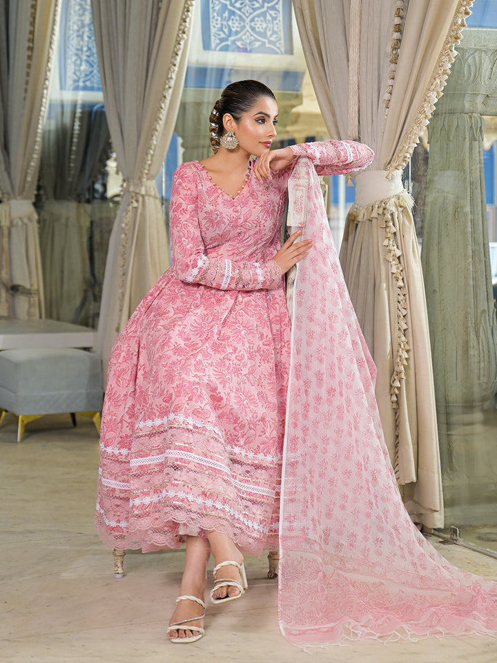 Divena Pink Hand Block Cotton Anarkali Kurta Pant Set With Dupatta