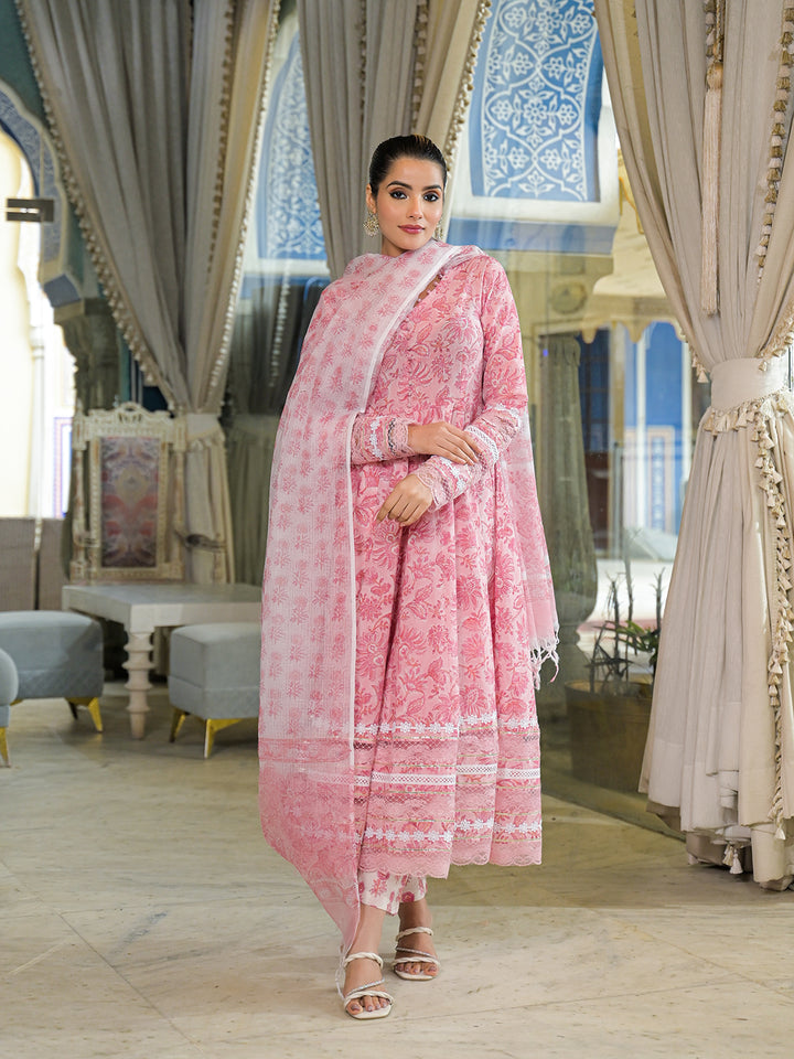 Divena Pink Hand Block Cotton Anarkali Kurta Pant Set With Dupatta