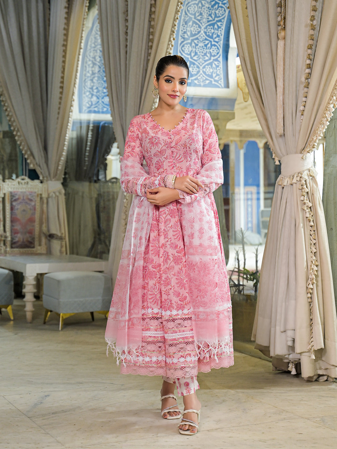 Divena Pink Hand Block Cotton Anarkali Kurta Pant Set With Dupatta