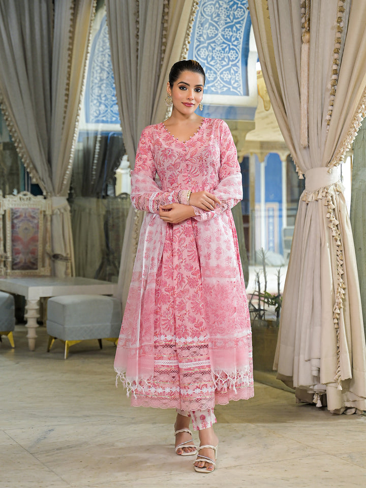 Divena Pink Hand Block Cotton Anarkali Kurta Pant Set With Dupatta