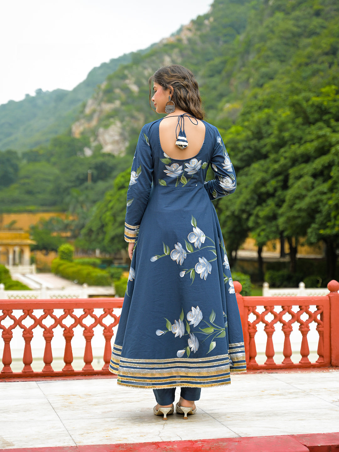Divena Blue Hand Painted Cotton Anarkali Kurta Pant With Dupatta