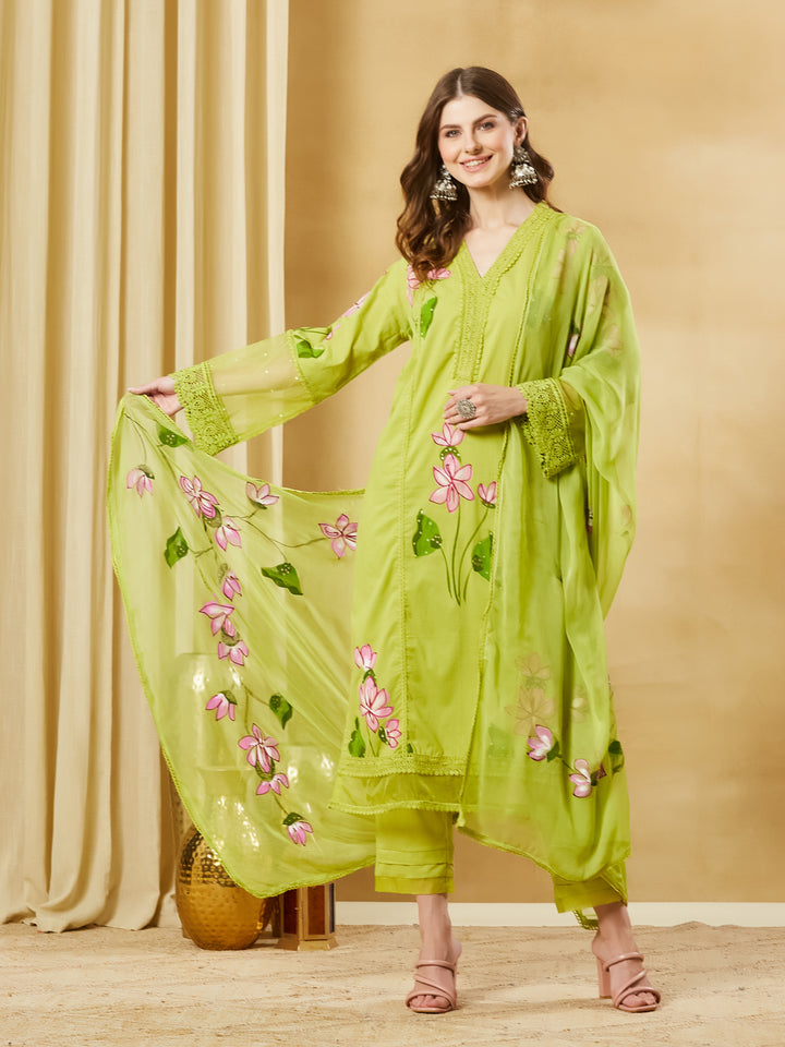 Divena Green Hand Painted Cotton Kurta Pant Set With Dupatta