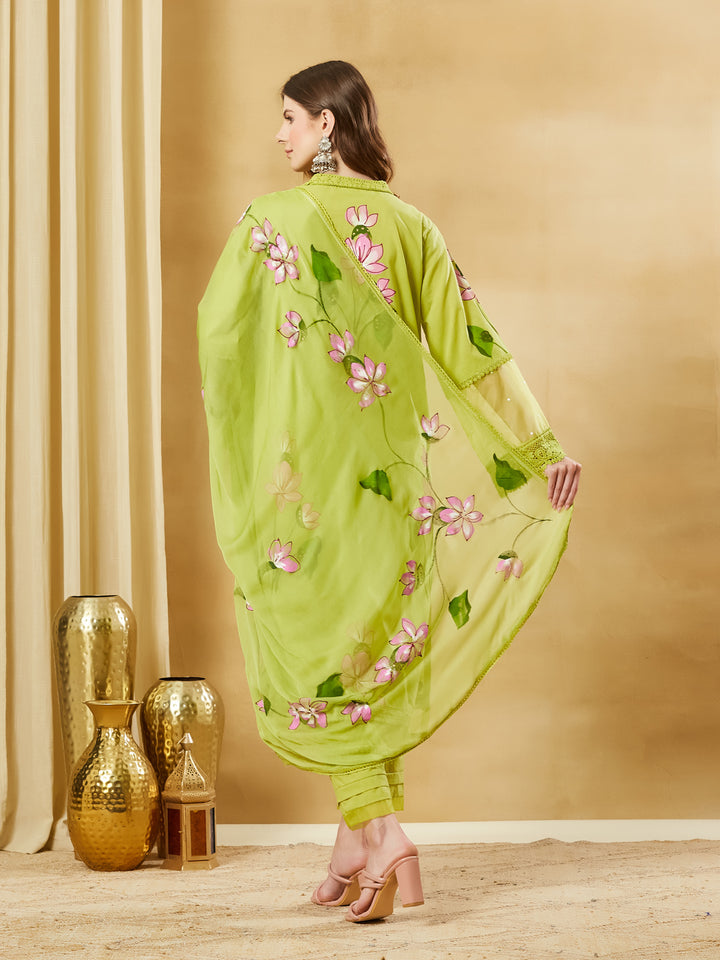 Divena Green Hand Painted Cotton Kurta Pant Set With Dupatta