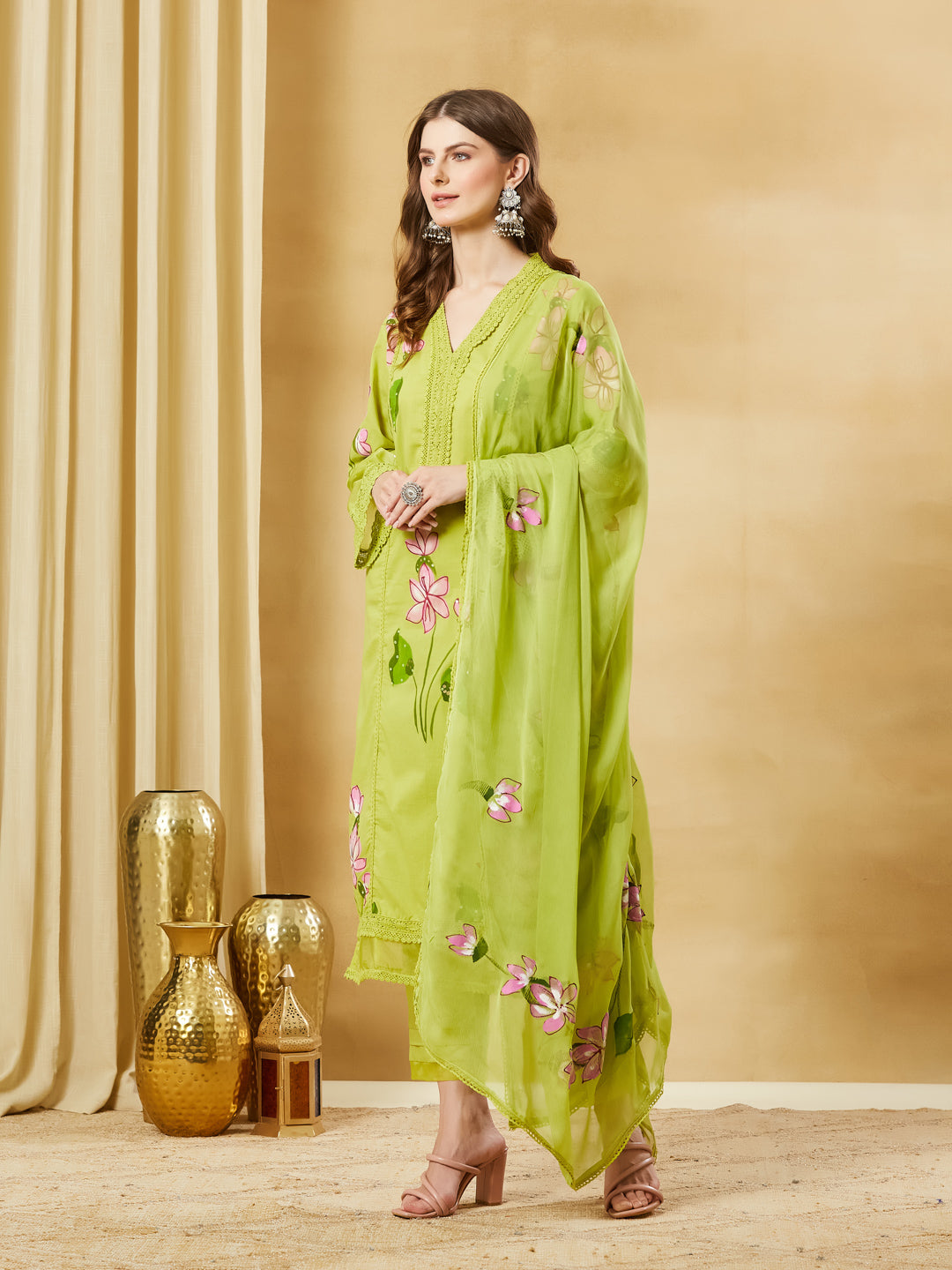 Divena Green Hand Painted Cotton Kurta Pant Set With Dupatta