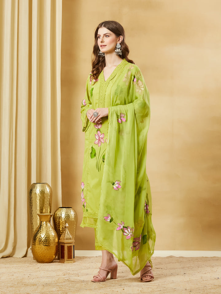 Divena Green Hand Painted Cotton Kurta Pant Set With Dupatta