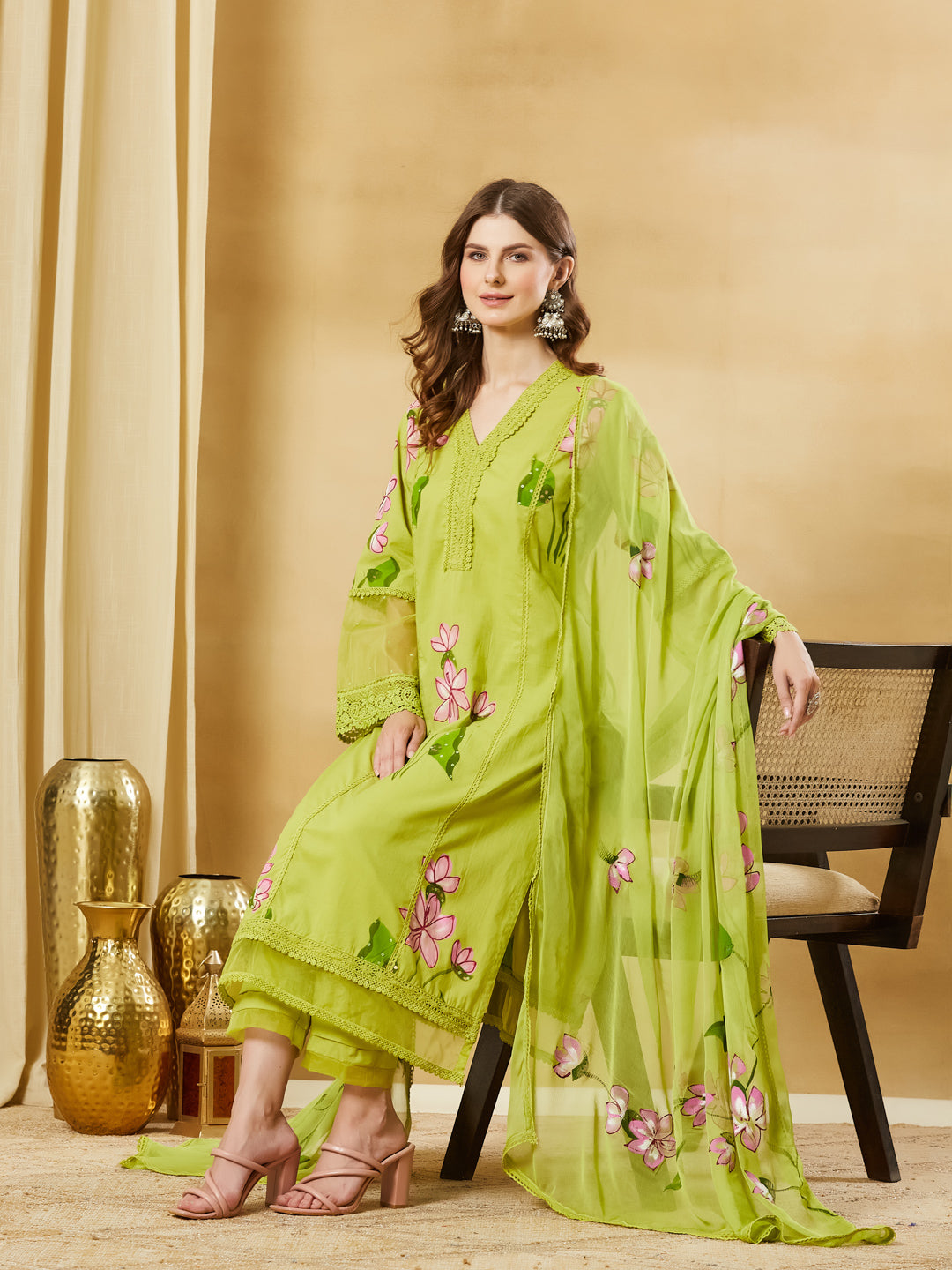 Divena Green Hand Painted Cotton Kurta Pant Set With Dupatta