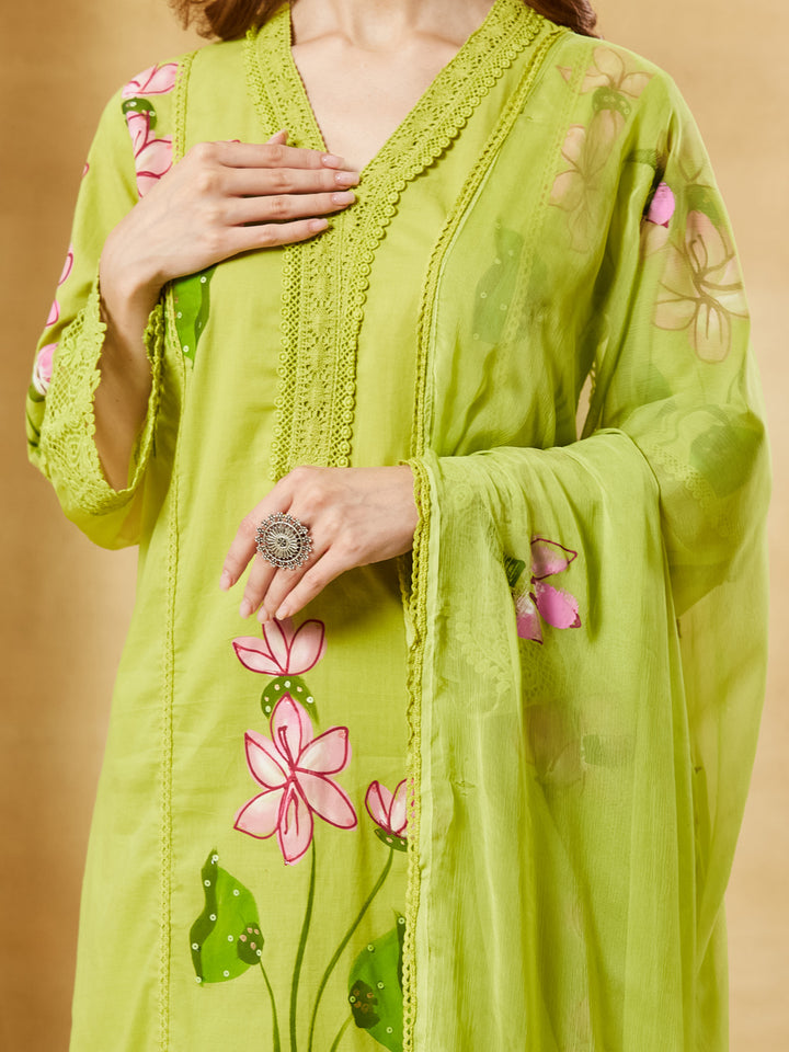Divena Green Hand Painted Cotton Kurta Pant Set With Dupatta