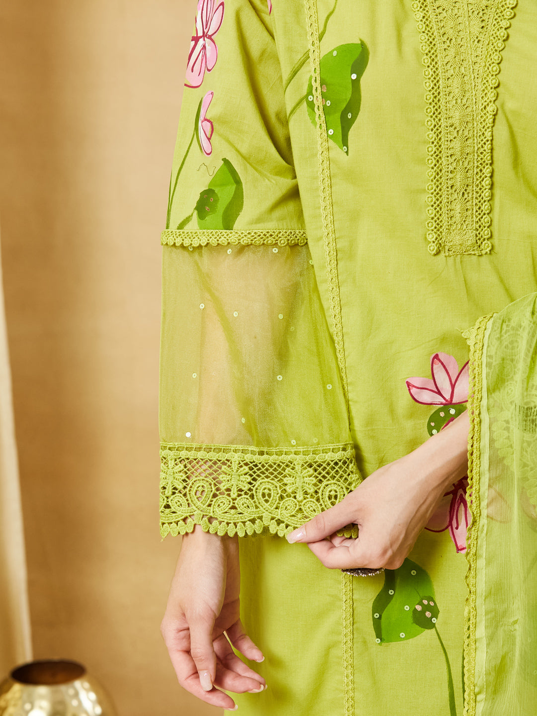 Divena Green Hand Painted Cotton Kurta Pant Set With Dupatta
