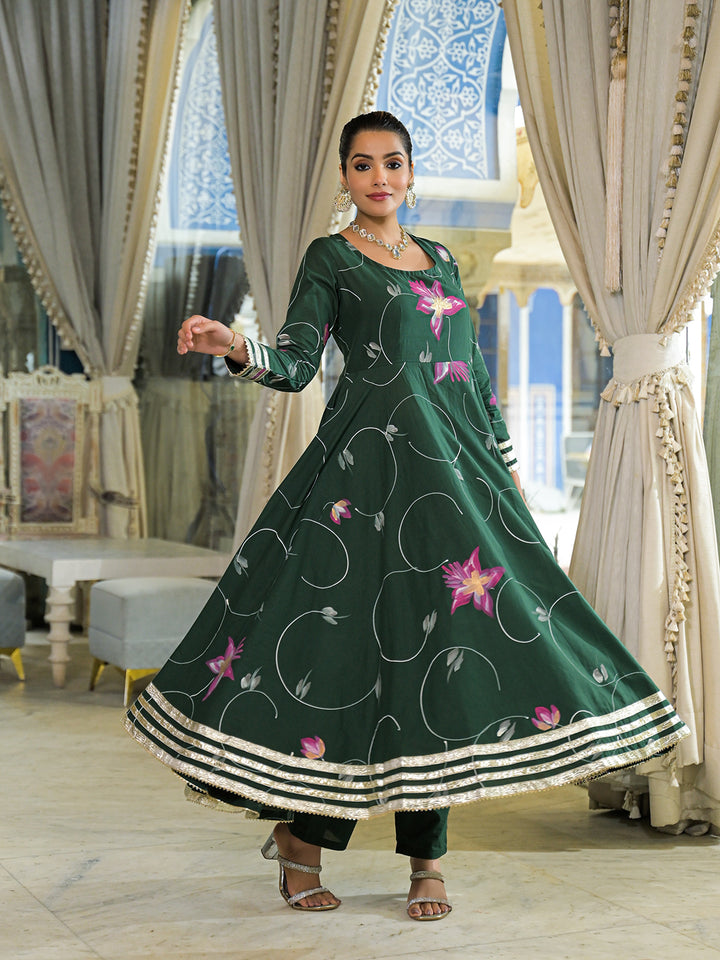Divena Dark Green Hand Painted Cotton Anarkali Kurta Pant With Dupatta