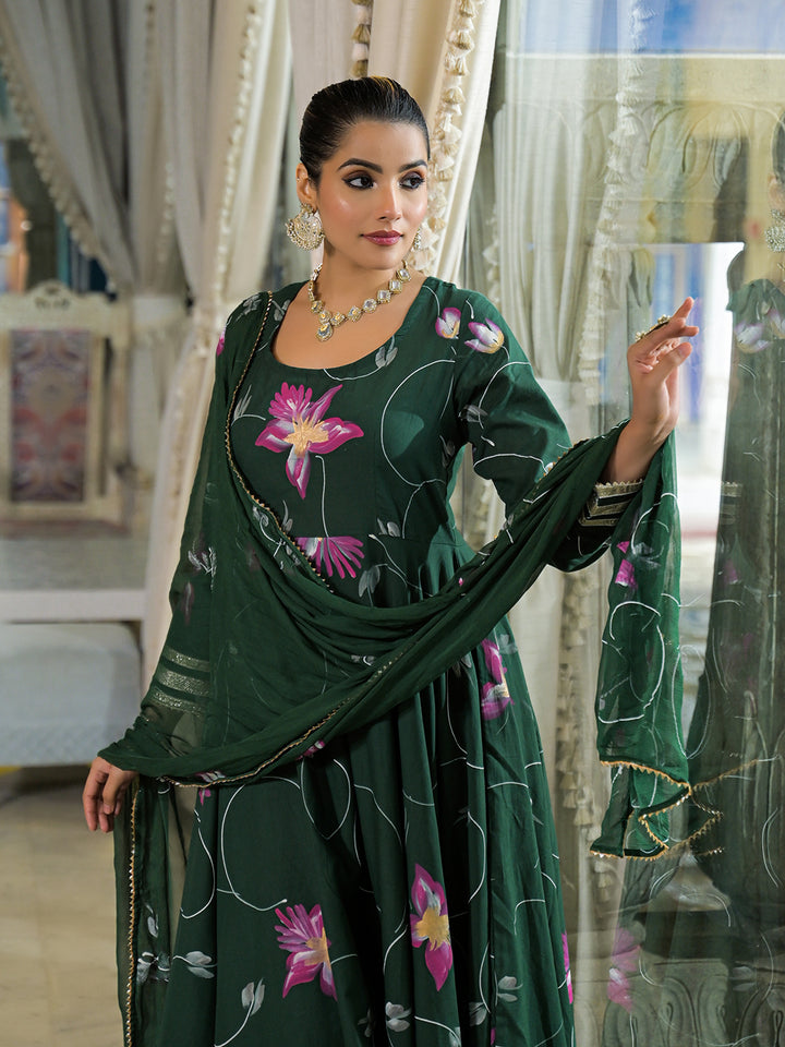 Divena Dark Green Hand Painted Cotton Anarkali Kurta Pant With Dupatta
