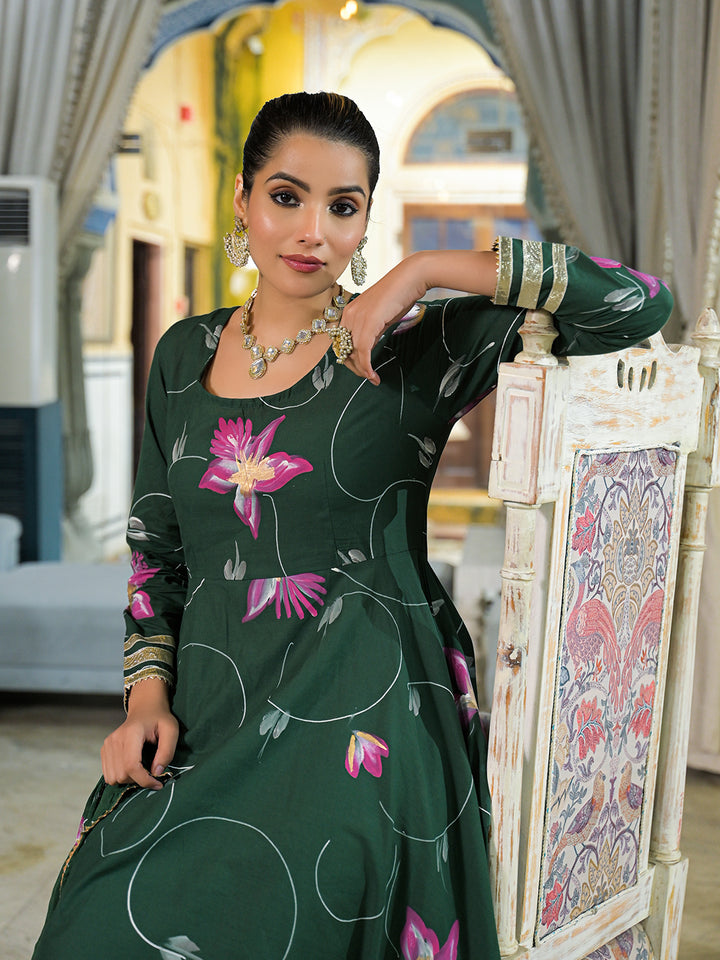 Divena Dark Green Hand Painted Cotton Anarkali Kurta Pant With Dupatta