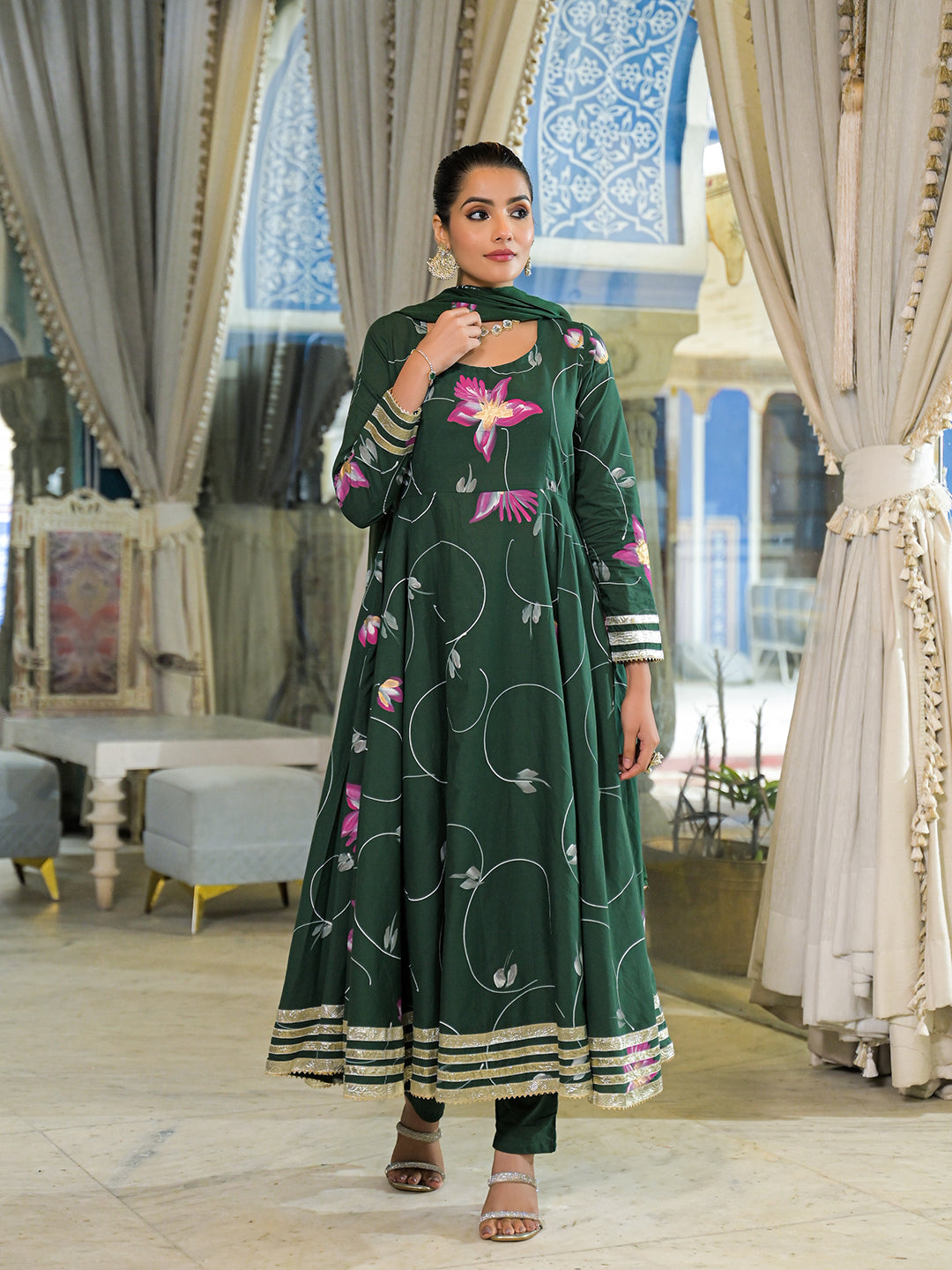 Divena Dark Green Hand Painted Cotton Anarkali Kurta Pant With Dupatta