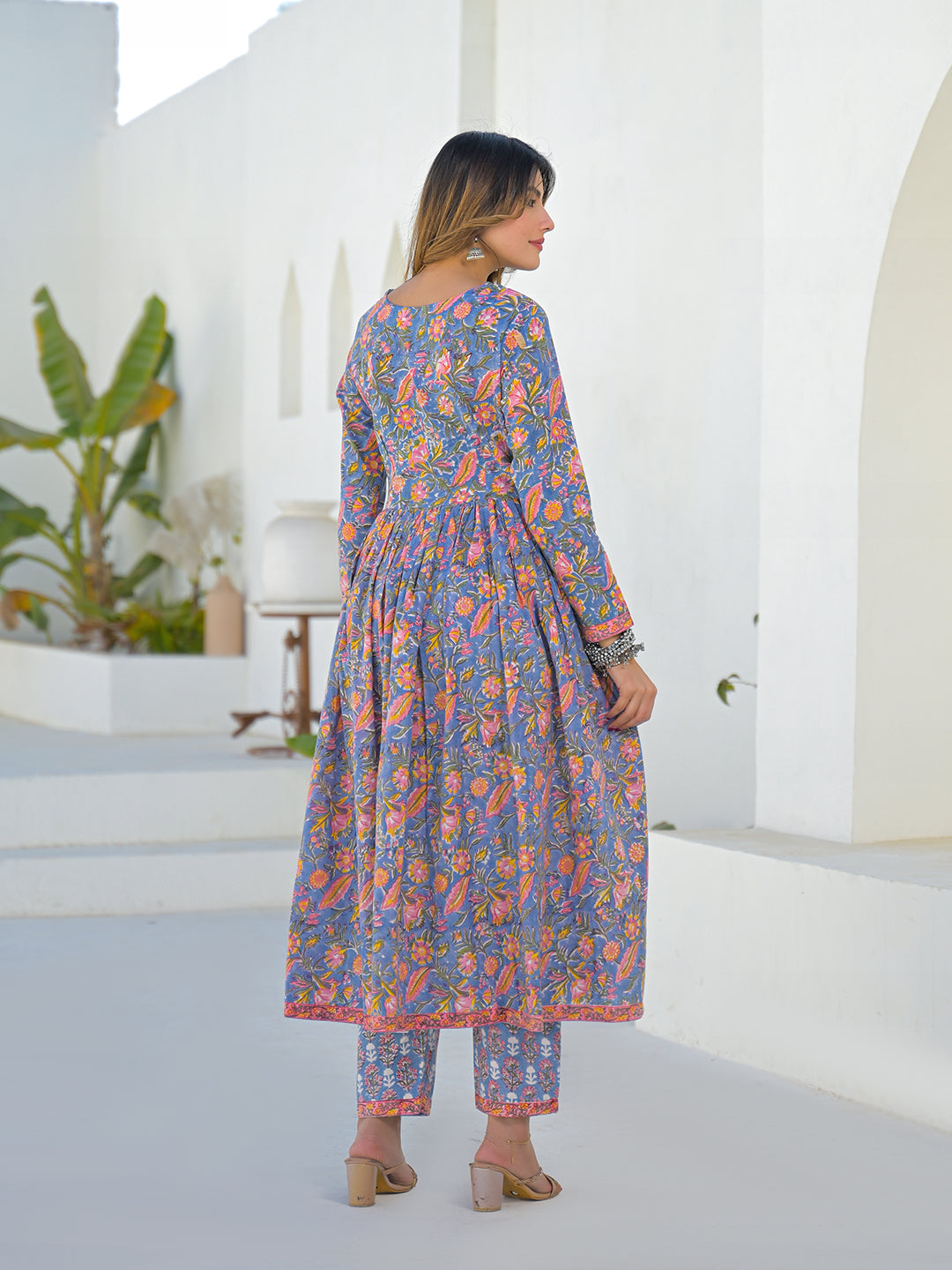 Divena Sky Blue Hand Block Cotton Anarkali Kurta Pant Set With Dupatta