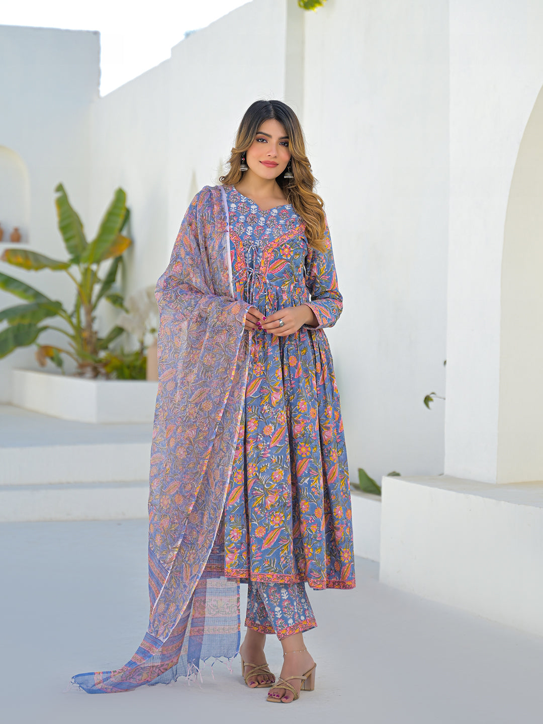 Divena Sky Blue Hand Block Cotton Anarkali Kurta Pant Set With Dupatta