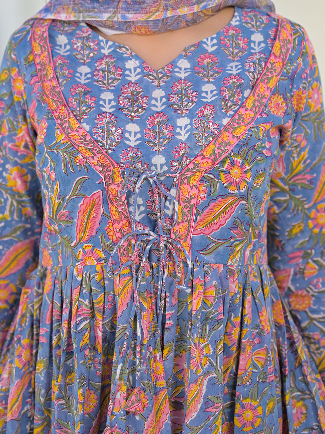 Divena Sky Blue Hand Block Cotton Anarkali Kurta Pant Set With Dupatta