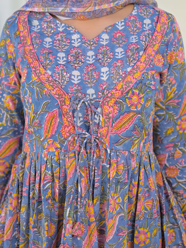 Divena Sky Blue Hand Block Cotton Anarkali Kurta Pant Set With Dupatta