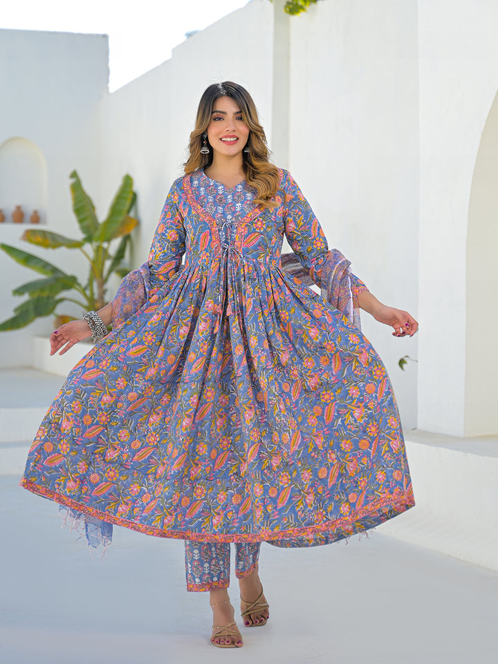 Divena Sky Blue Hand Block Cotton Anarkali Kurta Pant Set With Dupatta