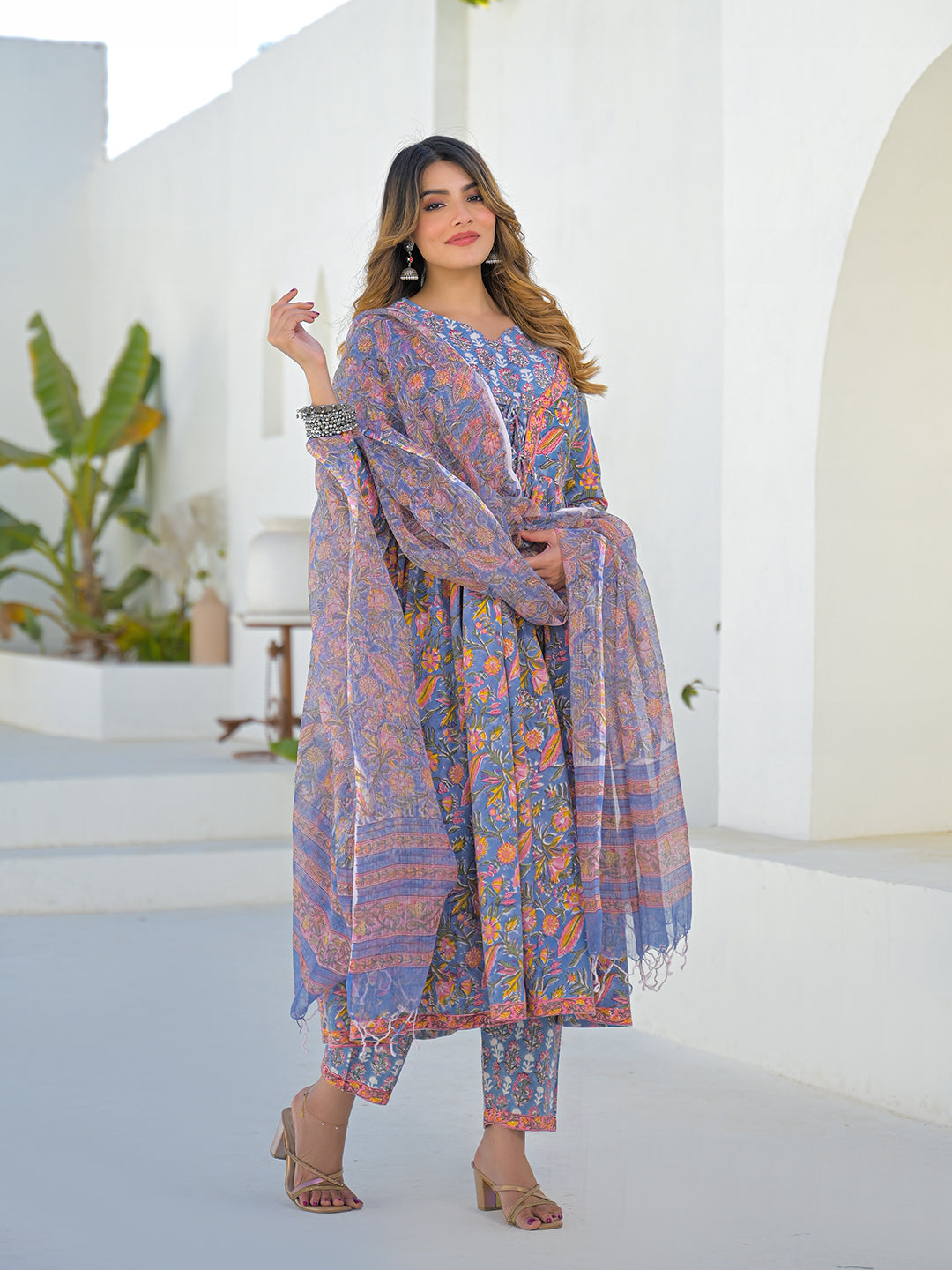 Divena Sky Blue Hand Block Cotton Anarkali Kurta Pant Set With Dupatta