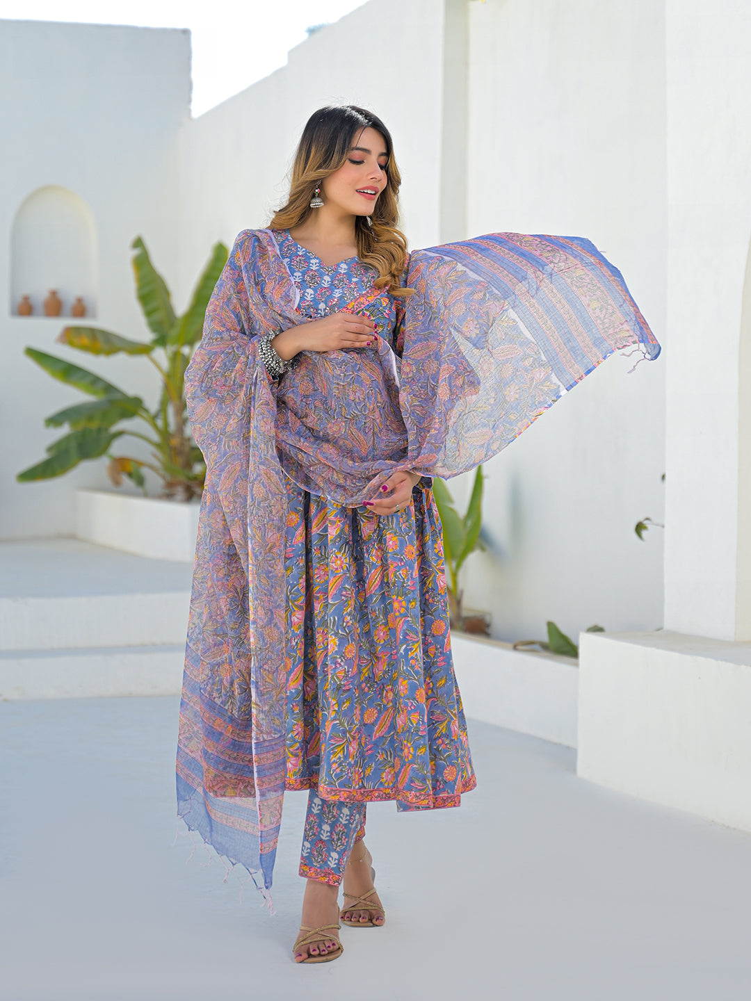 Divena Sky Blue Hand Block Cotton Anarkali Kurta Pant Set With Dupatta