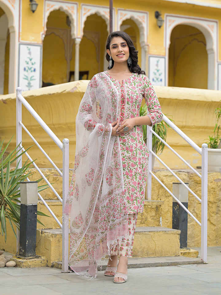 Divena Handblock Print Cotton Kurta Pant Set with Dupatta
