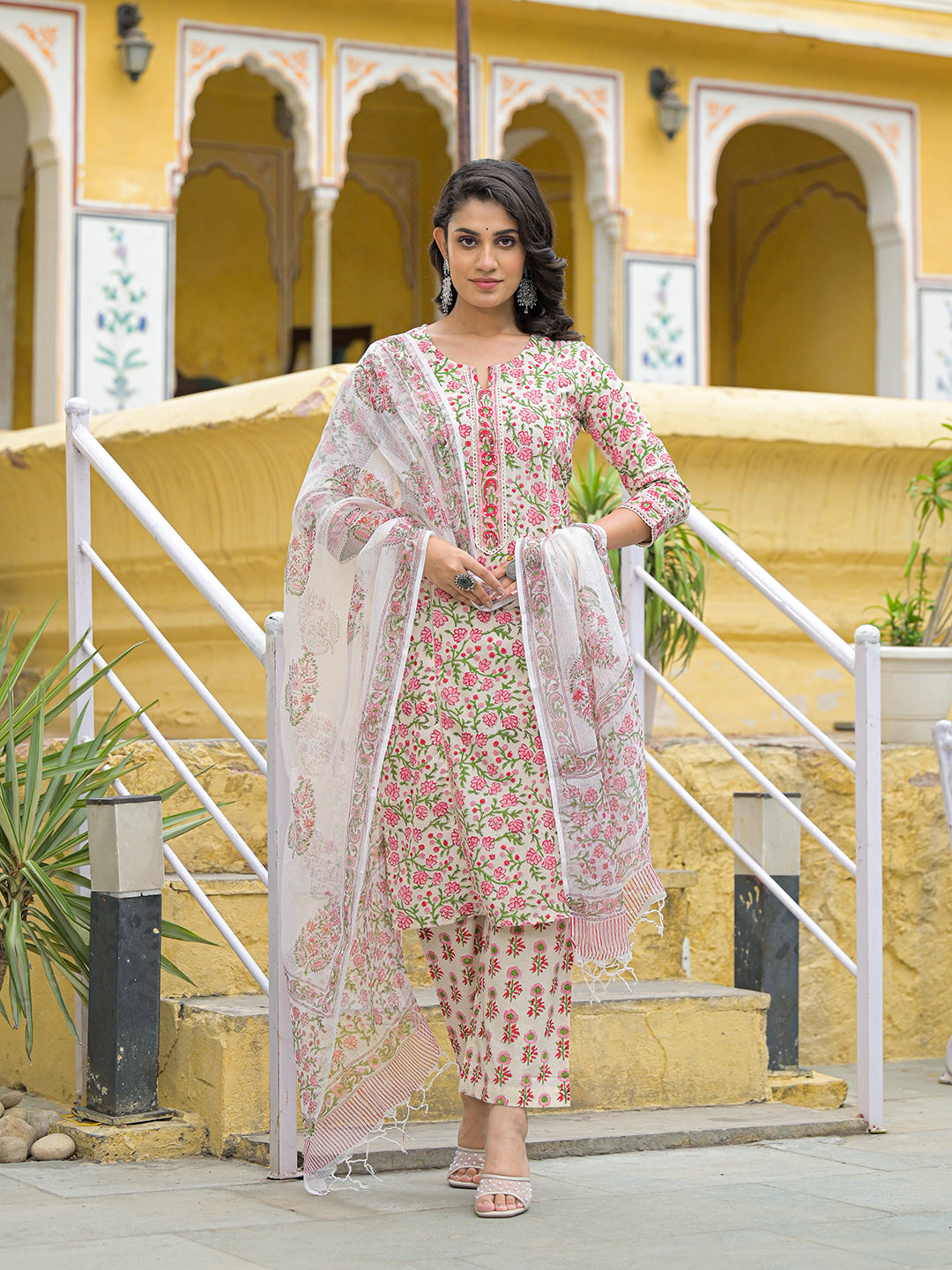 Divena White Cotton Floral Printed Kurta Pant Set with Dupatta