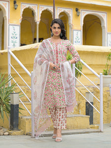 Divena White Cotton Floral Printed Kurta Pant Set with Dupatta